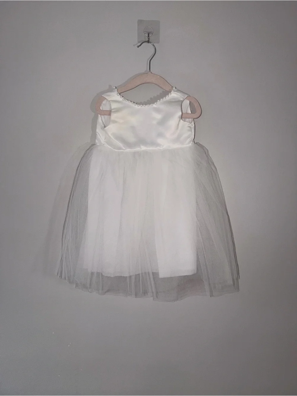 Baby Girls White Satin Tulle Dress Set with Bloomers & Headband 6-12M